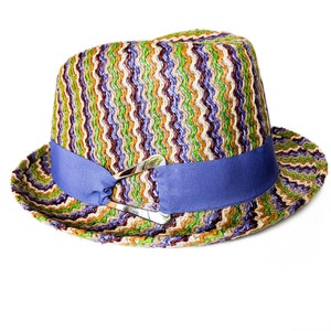 Sara T Woven-Straw Fedora Stingy Brim style Green Yellow Purple hat with Lavender Band & large Silver Ring
