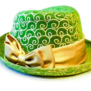 Bonnie Fedora Green Velvet Stingy Brim style UNIQUE Women&#39;s Unisex Hat Embroidered Gold Trim  Gold Satin Band  Large Golden Bow