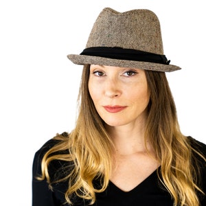 Foxhunt Fedora Stingy Brim style UNIQUE White Brown Black Checkered Unisex hat with Black Band