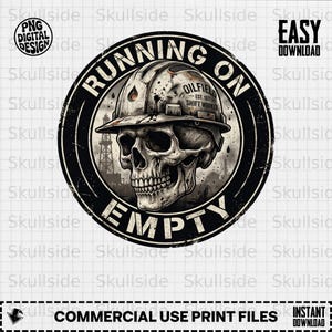 Descarga digital PNG de calavera de trabajador petrolero en turno, corriendo con el tanque vacío - Diseño grunge industrial de obrero