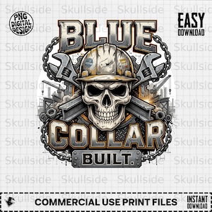 Op de afbeelding: Een digitaal grafisch ontwerp met een menselijke schedel die een bouwhelm draagt, geplaatst voor twee gekruiste verstelbare moersleutels en stalen balken. De tekst luidt BLUE COLLAR BUILT, omringd door een kettingrand en elementen van een bouwplaats.