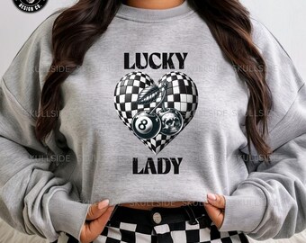 Lucky Lady Graphic Sweatshirt, Cozy Gift for Pool Lovers, Valentine's Day, Women's Fashion, Casual Unisex Wear, Everyday Comfort