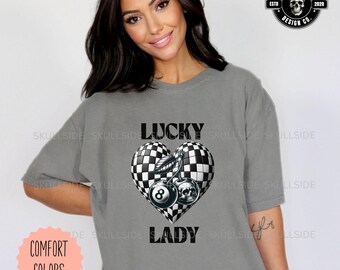 Comfort Colors Lucky Lady T-Shirt, Garment-Dyed, Vintage, Gift for pool player, Graphic Tee, Gift for her, Billiards, Skull shirt