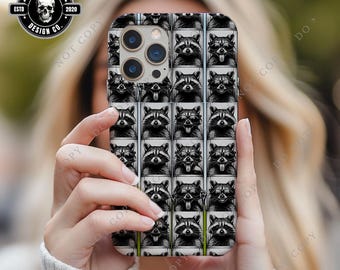 Raccoon Faces Grid Phone Case | Black and White Cute Raccoon Expressions
