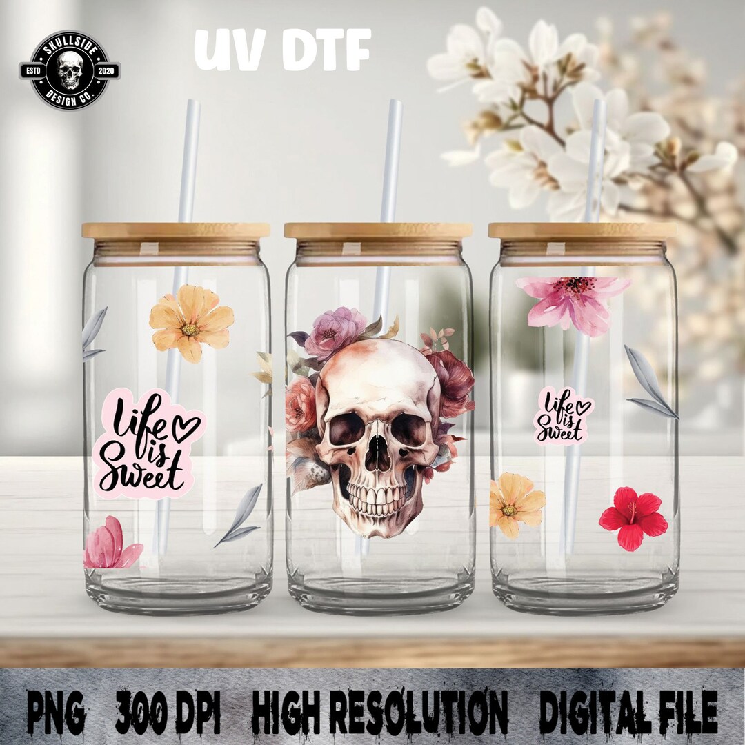 UV DTF - Skull Flower - 16oz Libbey Glass Cup Wrap Only