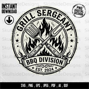 Grill Sergeant BBQ Digital Download, Vintage Pitmaster Emblem, Barbecue Master Graphic, Grilling Utensils Clipart, Dad Gift, Sublimation png