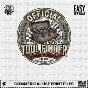 May include: A vintage-style graphic featuring a toolbox with wrenches and gears, labeled "Official Tool Finder Garage Mechanic." The design includes the text "Service & Repair" and "Vintage Garage," with "Est. 1968" and "Hands Dirty, Gears Grinding."
