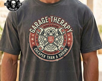 Garage Therapie günstiger als Schrumpffolie, Digital Design, Mechaniker Dad Geschenk PNG, Vintage Zahnrad Auto-Liebhaber Retro Druckdateien, dtf png