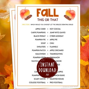 Fall This or That Game | Printable Autumn Party Game | Fall Time Activities for Adults & Kids | Fun Harvest Games | Halloween | Thanksgiving