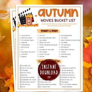 Fall Movie Bucket List Game | Printable Autumn Movies | Fall Time Cinema List for Adults & Kids | Fun Theatre Games | Halloween Thanksgiving