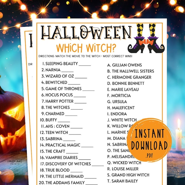 Halloween Witch Matching Game | Which Witch | Halloween Printable Games | Witches Game | Scary Movie Witch Game | Fun Halloween Party Games