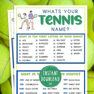 Whats Your Tennis Name Game | Printable Tennis Themed Party Games | Games for Adults & Kids | Tennis Team Building Games | Icebreakers