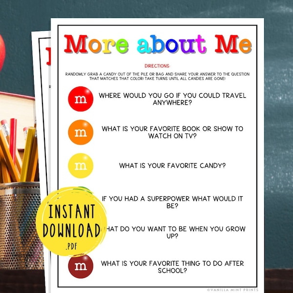 More About Me Icebreaker Game | Back to School | First Day of School Get to Know You Activity | Games for Kid | Teacher Resource | M&M Candy
