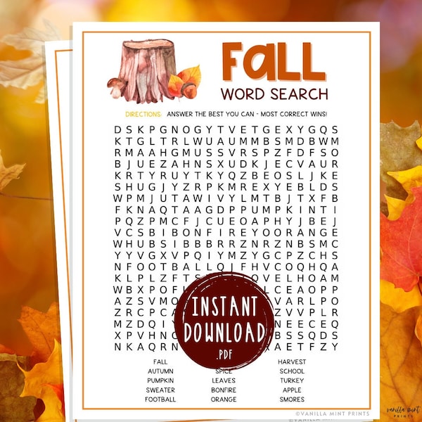Fall Word Search | Printable Autumn Party Games | Fall Time Activities for Adults and Kids | Fun Harvest Games | Halloween | Thanksgiving