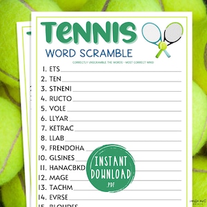 Jeu de brouillage de mots de tennis | Jeu de fête sur le thème du tennis imprimable | Jeux pour adultes et enfants | Jeu de consolidation d&#39;équipe de tennis | Jeu de mots brise-glace