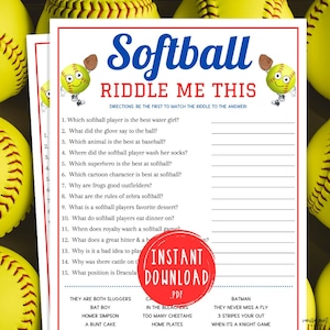 Softball Riddle Me This Game | Printable Softball Team Party Game | Travel Softball Game | Softball Team Building Game | WCWS | Icebreaker