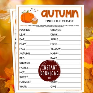Fall Finish The Phrase Game | Printable Autumn Party Games | Fall Activities for Adults & Kids | Fun Harvest Game | Halloween | Thanksgiving