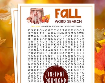 Fall Word Search | Printable Autumn Party Games | Fall Time Activities for Adults and Kids | Fun Harvest Games | Halloween | Thanksgiving