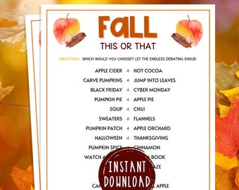 Fall This or That Game | Printable Autumn Party Game | Fall Time Activities for Adults & Kids | Fun Harvest Games | Halloween | Thanksgiving