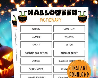 Halloween Pictionary Game | 33 Halloween Pictionary | Printable Halloween Party Games | Halloween Activities for Kids & Adults | Costume