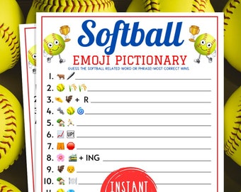 Jeu de Pictionnaire Emoji Softball | Jeu de fête d’équipe de softball imprimable | Jeu de softball de voyage | Jeu de consolidation d'équipe de softball | WCWS | Brise-glace