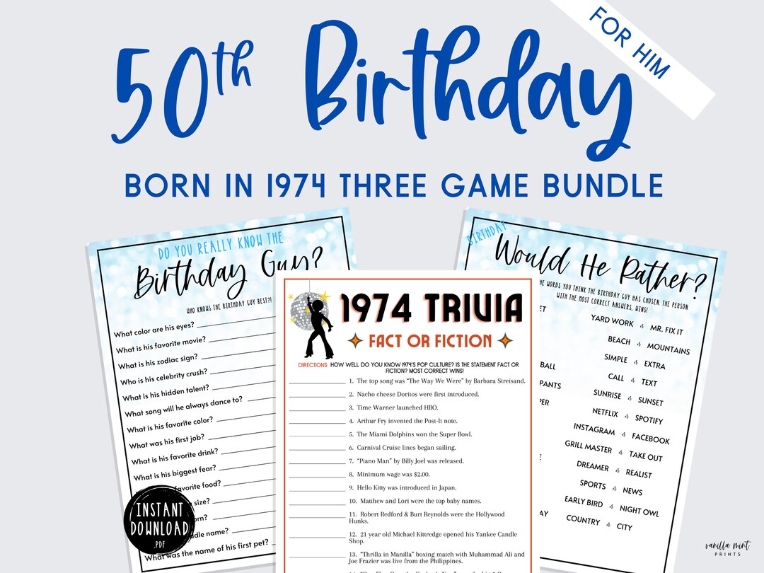 Adult Birthday Party Game Bundle 50th Birthday Born in 1974 3 Game