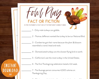 Thanksgiving Trivia Game | Fowl Play Turkey Trivia Thanksgiving Printable Games | Fun Thanksgiving Day Trivia Game | Friendsgiving Games