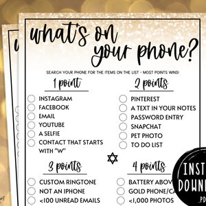 Bat Mitzvah Games | Whats on Your Phone Bat Mitzvah Game | Birthday Party Games | Mazel Tov | Jewish Bat Mitzvah Activities | Gold & Black