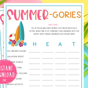 Summer Summer-Gories Scattergories Game | Printable Summertime Games | Party Games | Summer Activities for Adults & Kids | Fun Summer Games