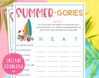 Jeu Summer Summer-Gories Scattergories | Jeux d’été imprimables | Jeux de société | Activités d'été pour adultes et enfants | Jeux d'été amusants