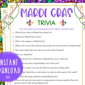 Mardi Gras Trivia Game | Fat Tuesday Party Games | Carnival | Mardi Gras Themed Party | New Orleans Printable Trivia Game