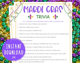 Jeu-questionnaire Mardi Gras | Fat Tuesday Party Games | Carnaval | Soirée à thème Mardi Gras | Jeu-questionnaire imprimable de la Nouvelle-Orléans