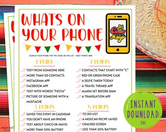 Cinco de Mayo Whats On Your Phone Scavenger Hunt Game | Mexican Party Games | Fun Cinco de Mayo Games | Games for Kids & Adults | Fiesta