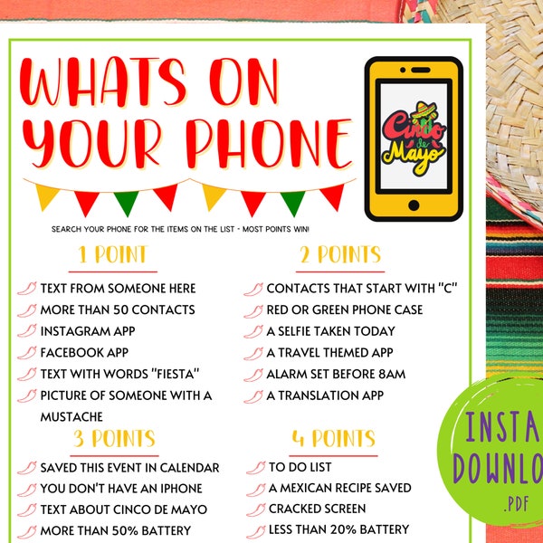 Cinco de Mayo Whats On Your Phone Scavenger Hunt Game | Mexican Party Games | Fun Cinco de Mayo Games | Games for Kids & Adults | Fiesta