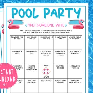 Pool Party Find Someone Who Game | Fun Printable Summertime Party Games | Fun Summer Activities for Adults & Kids | Swimming Pool