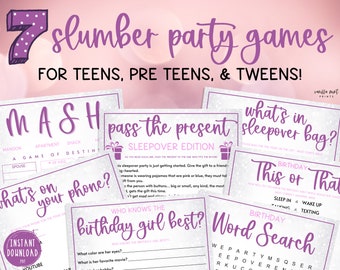 7 Teen Slumber Party Games BUNDLE | Pack of Girls Sleepover Birthday Party Games | Fun Girls Pajama Party | PreTeen Tween | Purple Silver