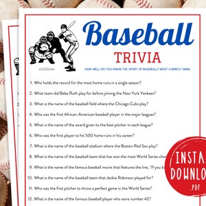 Baseball Trivia Game | Printable Baseball Team Party Games | MLB Game for Kids & Adults | World Series Activities | Birthday