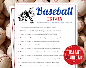 Baseball Trivia Game | Printable Baseball Team Party Games | MLB Game for Kids & Adults | World Series Activities | Birthday