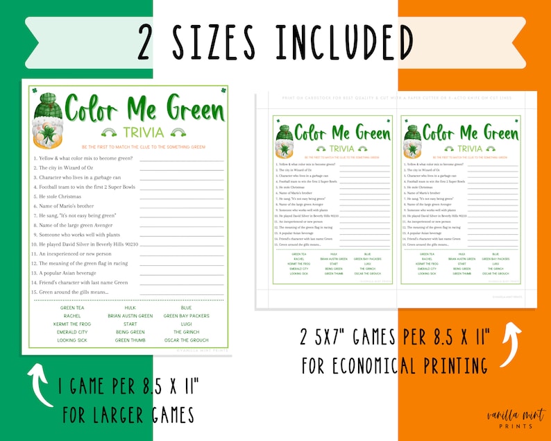 St. Patrick's Day Green Trivia Game Color Me Green Fun St. Pattys Day St. Paddys St. Pats Printable Party Games Kids & Adults image 2