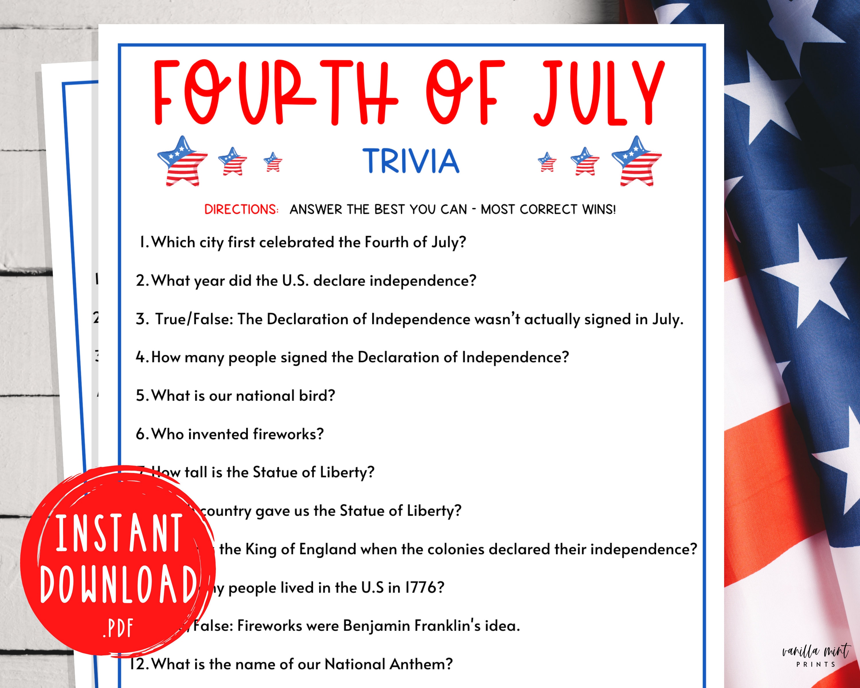 Fourth Of July Trivia Game Fourth Of July Printable Games Etsy Canada