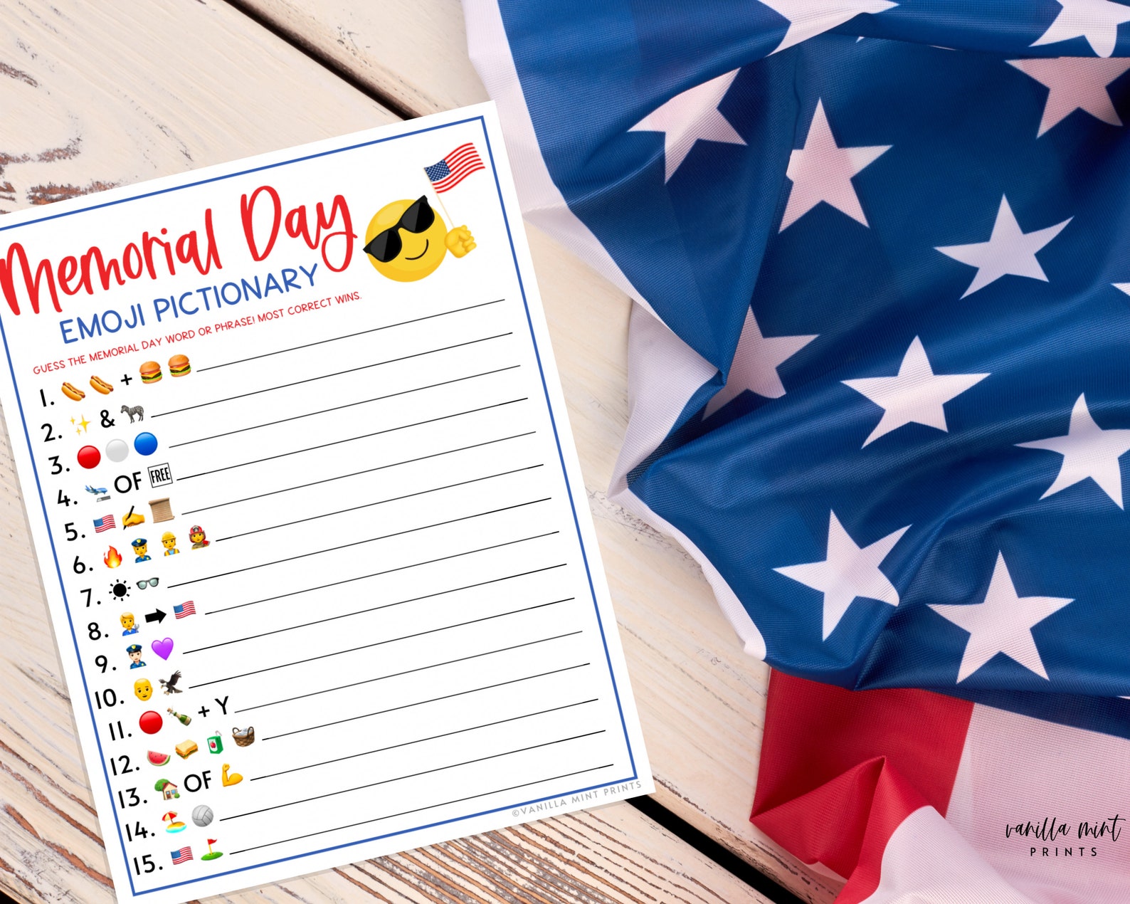 Memorial Day Emoji Pictionary Game Printable Memorial Day Etsy