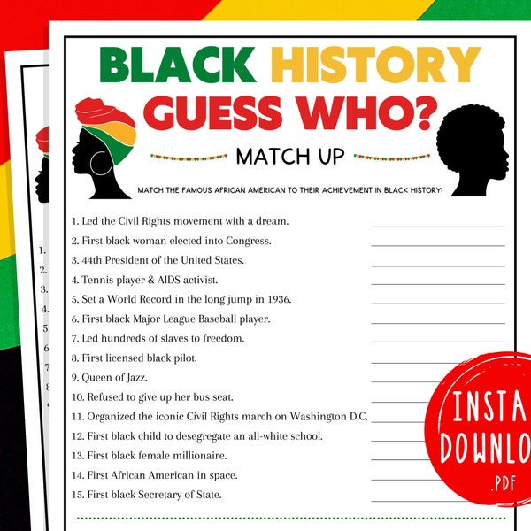 Black History Month Guess Who Match Up Trivia Game | African American History Celebration Party Game| Printable for Adults & Kids | February