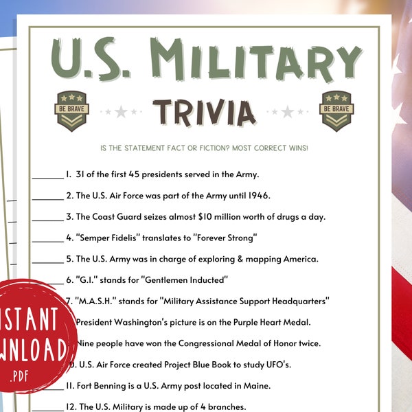 U.S. Military Trivia Game | Memorial Day Printable Party Games | America | USA | Labor Day | 4th of July | Veterans Day Trivia