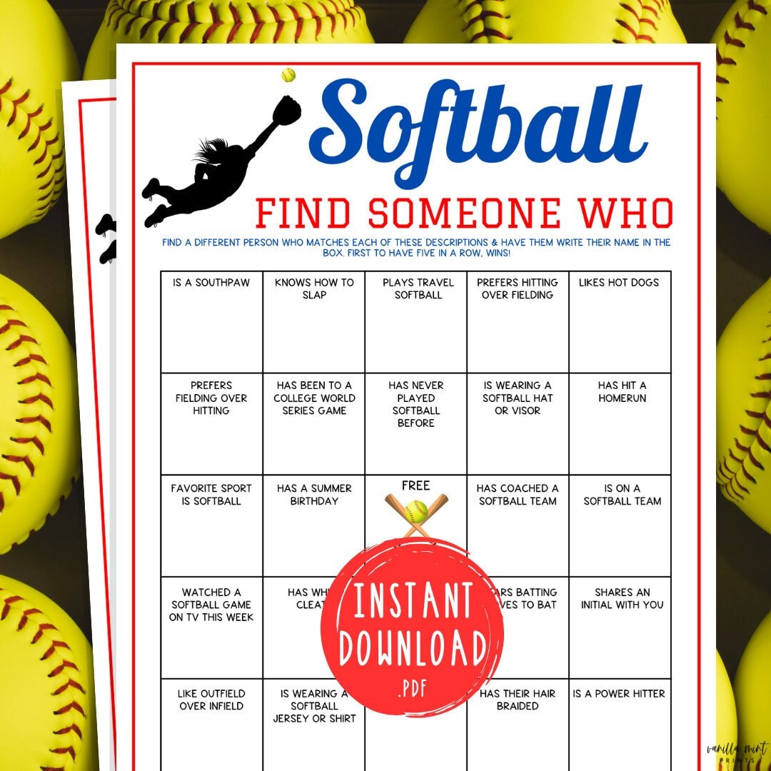 Softball Find Someone Who Game | Printable Softball Team Party Game | Travel Softball Game | Softball Team Building Game | WCWS | Icebreaker