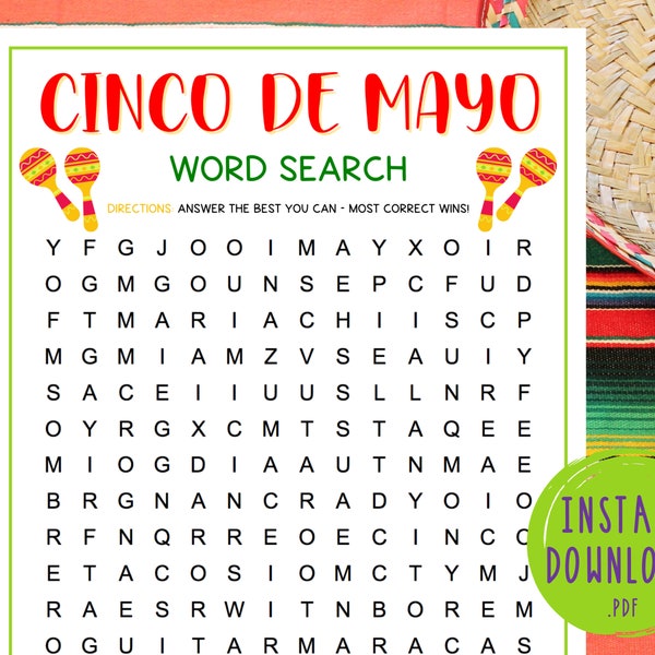 Jeu de recherche de mots Cinco de Mayo | Puzzle de mots | Jeux de société mexicains | Jeux amusants de Cinco de Mayo | Jeux de société pour enfants et adultes | Fête