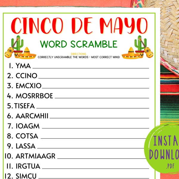 Jeu de brouillage de mots Cinco de Mayo | Jeu de mots | Jeux de société mexicains | Jeux amusants de Cinco de Mayo | Jeux de société pour enfants et adultes | Fête