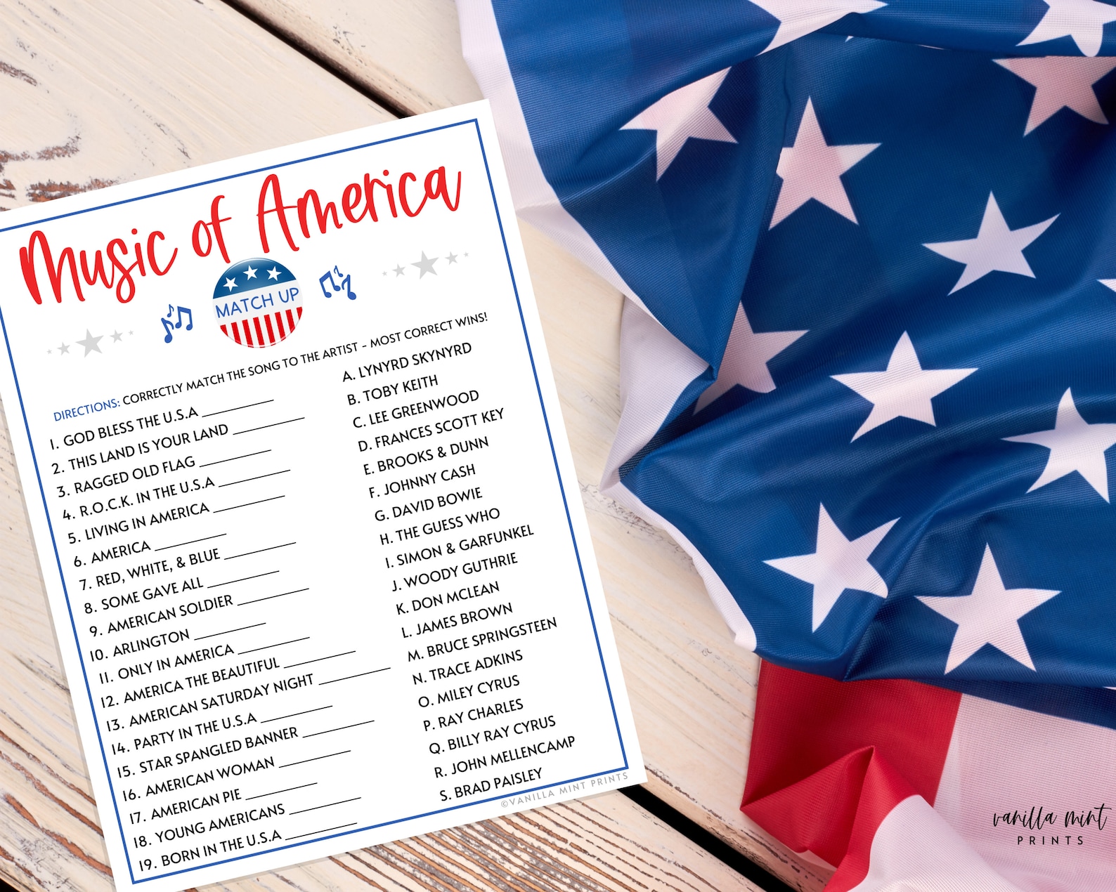 Patriotic Music of America Trivia Match Up Game Printable Etsy