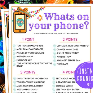 Día de los Muertos Whats on Your Phone | Printable Day of the Dead Party Game | Fun Activities for Adults & Kids | Mexico | Mexican
