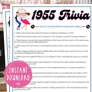1955 Trivia 50s Pop Culture Trivia 70th Birthday Back to the 50s Party Games Baby Boomer Fifties Baby Bday Born in 1955 Trivia Birthday Game