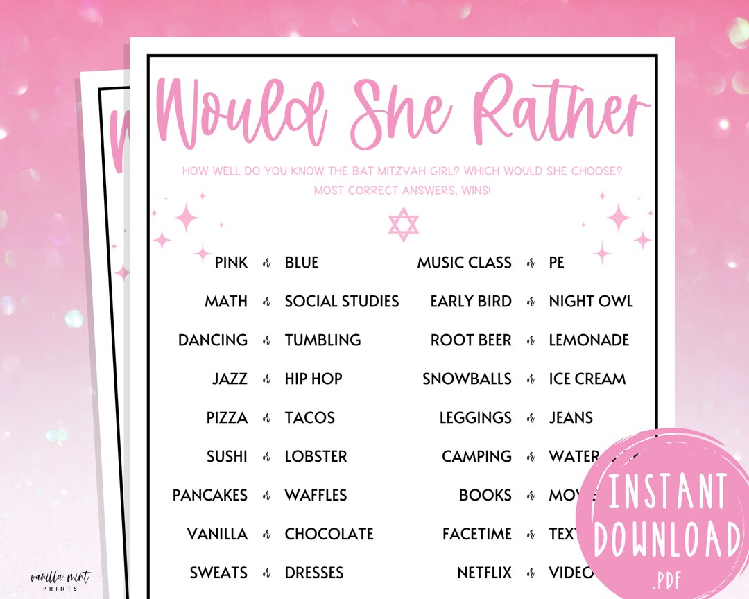 Bat Mitzvah Games Would She Rather Game This or That Birthday Party